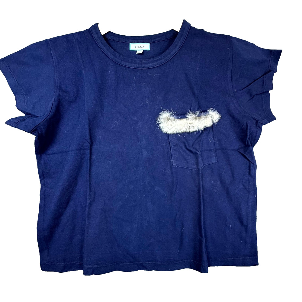 Liana T Shirt Womens Medium Navy Blue Cotton‎ Fur Pocket Casual Everyday Wear